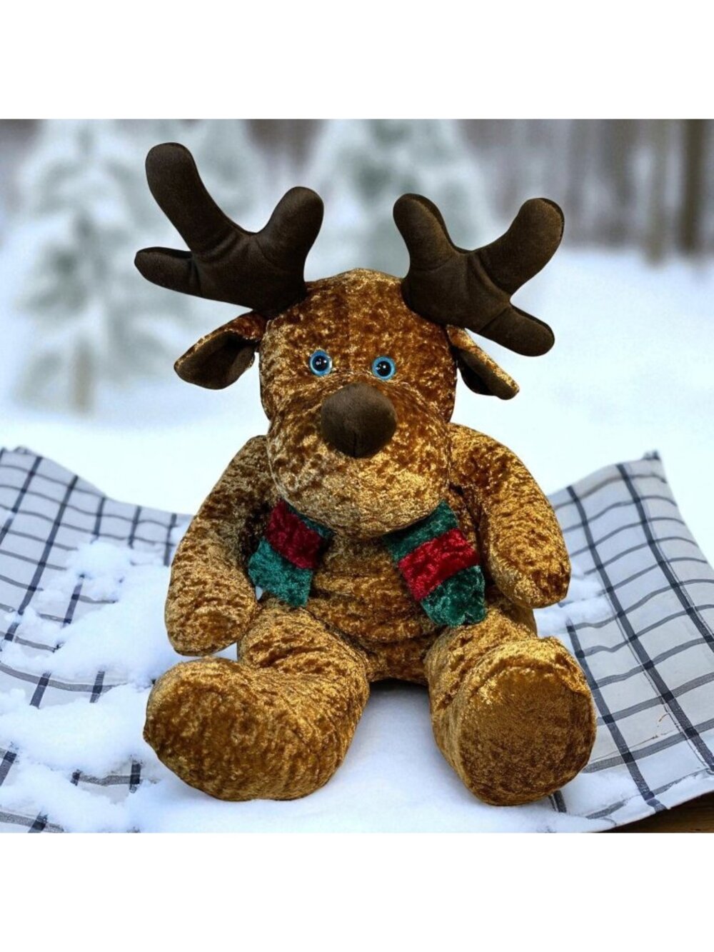 Large Plush Christmas Reindeer Toy With Scarf - Cozy Winter Holiday Decor - Vint
